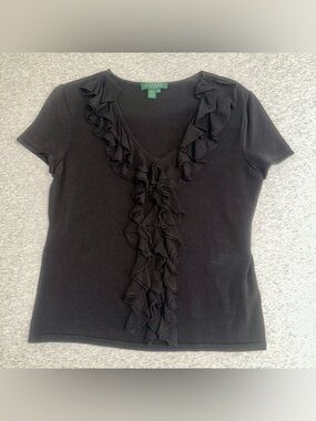 Lauren Ralph Lauren Black Ruffle V-Neck Short Sleeve Cotton Sweater Petite M